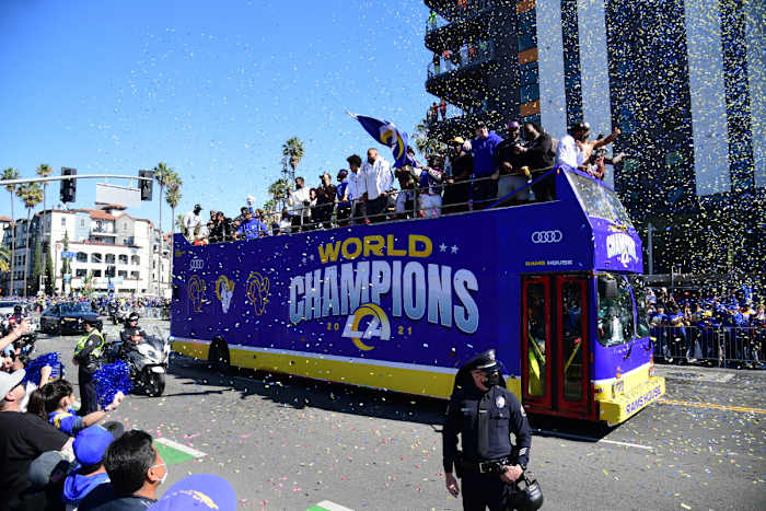 Feb 16, 2022; Los Angeles, CA, USA; the Los Angeles Rams celebrate during the championship victory parade. Mandatory Credit: Gary A. Vasquez-USA TODAY Sports